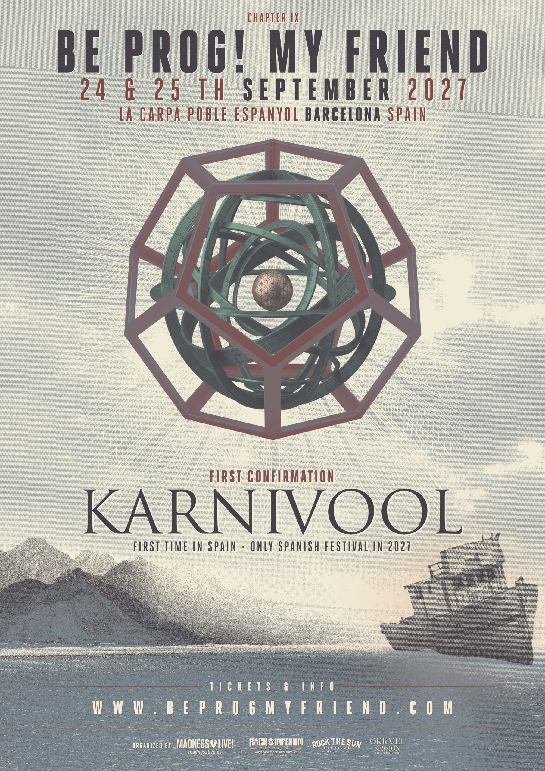 Cartell de la primera confirmació del Be Prog! My Friend 2027, amb Karnivool com a cap de cartell