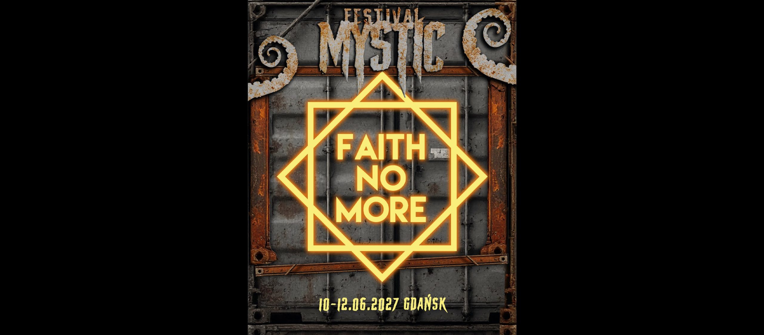 El cartell amb què el Mystic Festival anuncia Faith No More per als dies 10, 11 i 12 de juny del 2027 a Gdańsk