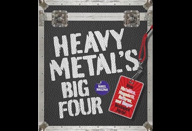 The cover of “Heavy Metal's Big Four”, with the title painted on a flight case and a laminate hanging from it