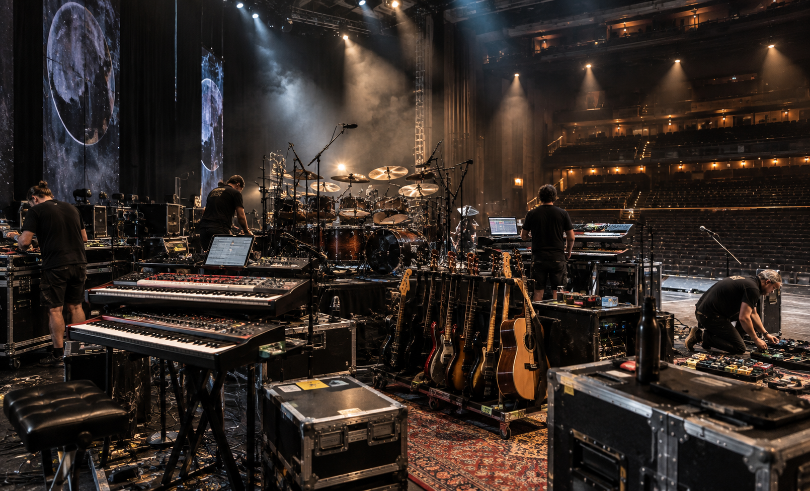 Muntatge de teclats, guitarres i bateria en un escenari abans d'un concert