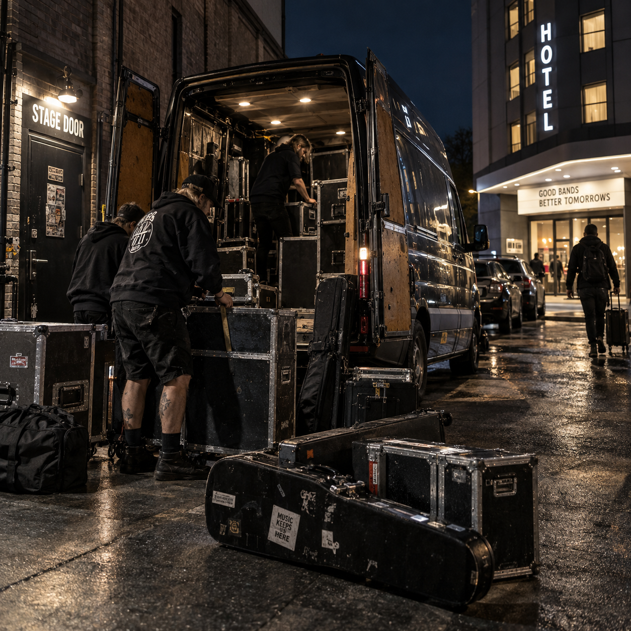 Equip tècnic carregant material de gira en una furgoneta davant d'una sala de concerts
