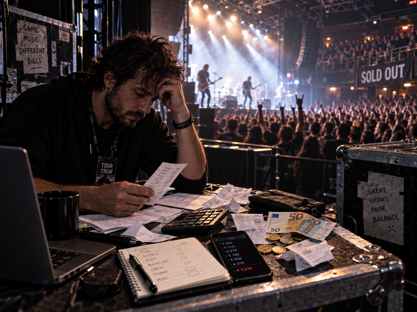 Un tour manager revisa rebuts i factures darrere l'escenari d'un concert