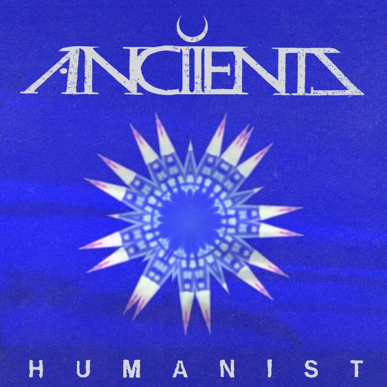 Portada blava de la regravació de «Humanist», d'Anciients, amb una estrella de punxes al centre i el nom del grup a dalt