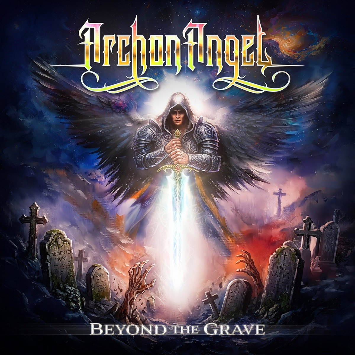 Portada de «Beyond The Grave», d'Archon Angel: un àngel amb armadura i ales negres sosté una espasa lluminosa dreta sobre un cementiri de creus i làpides