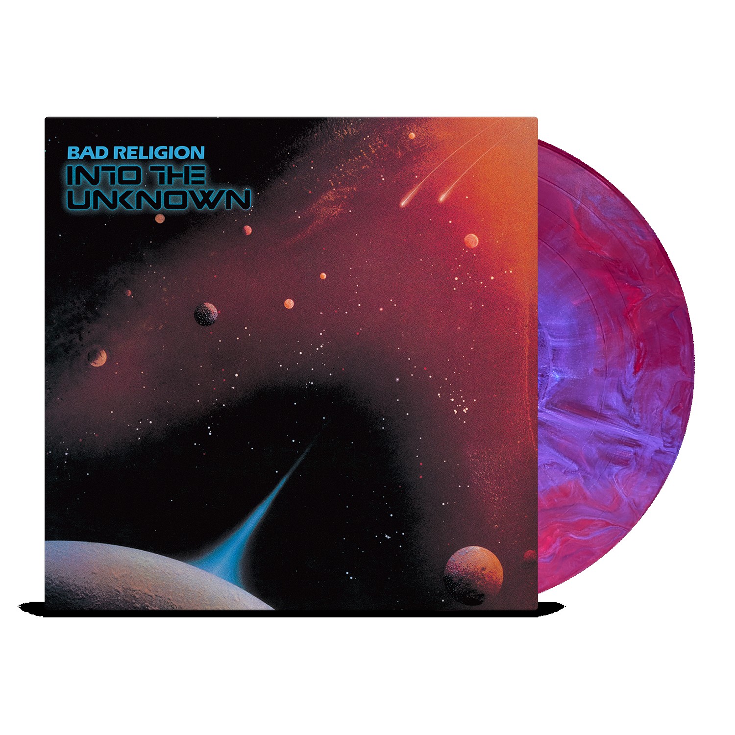 Portada d'«Into the Unknown» de Bad Religion amb el vinil vermell esquitxat de la reedició del 2026 d'Epitaph al costat