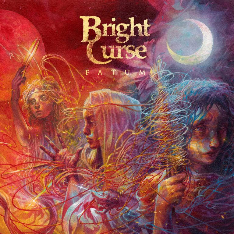 Portada de «Fatum», de Bright Curse, amb les tres Moires pintades per Xavier Jalon Lopez entre fils vermells i blaus