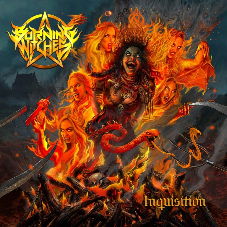 Portada d'«Inquisition», de Burning Witches: una bruixa encadenada damunt d'una foguera, envoltada de figures femenines de foc, amb el logotip del grup dins d'un pentacle daurat