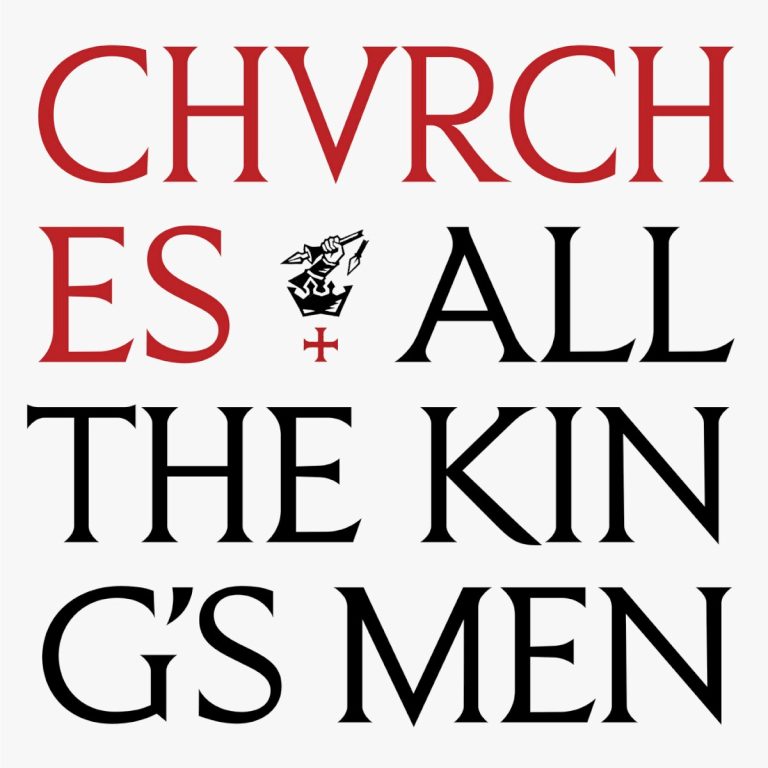 Portada d'«All The King's Men», de CHVRCHES: el nom del grup en vermell i el títol en negre, amb un cavaller amb llança i una creu entremig