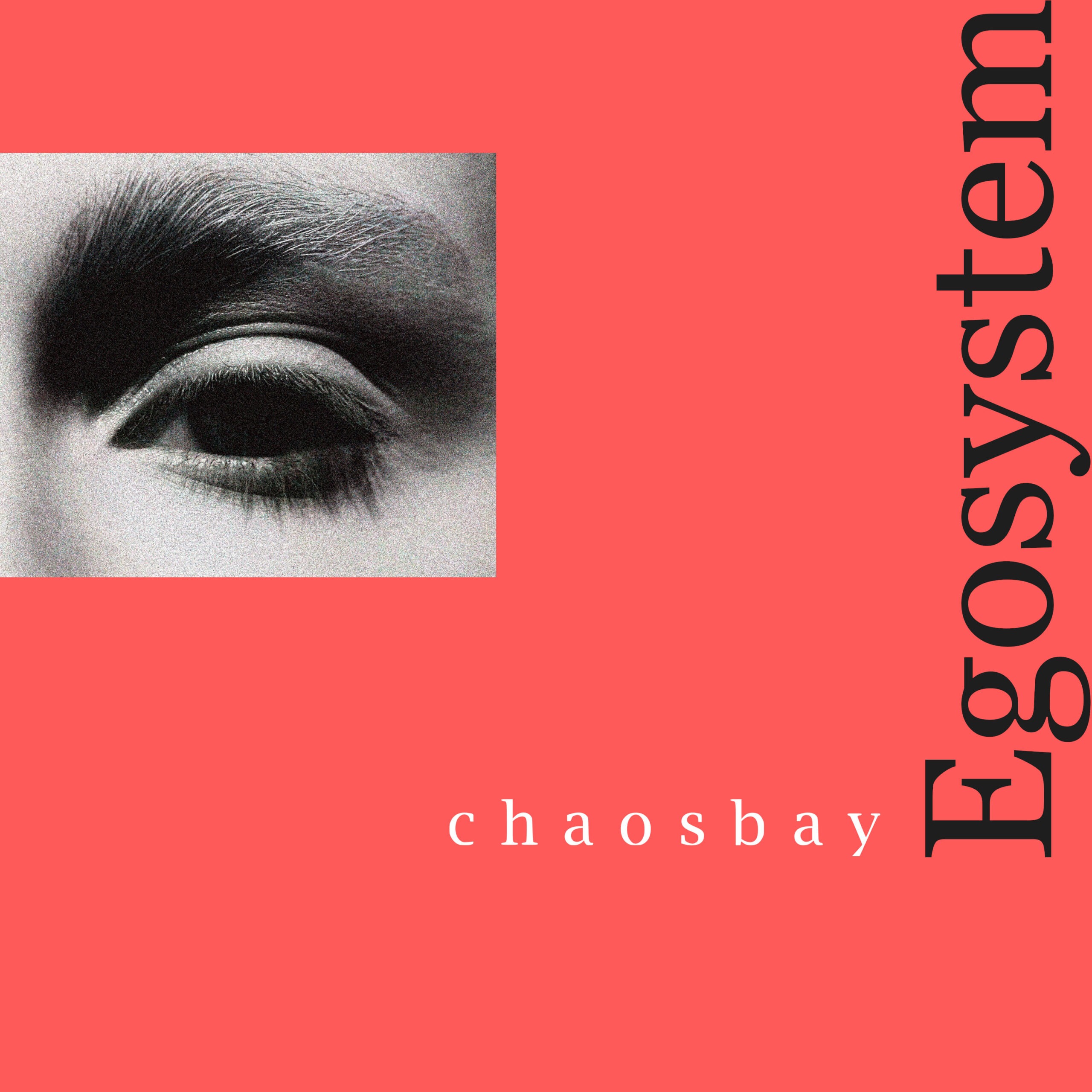 Portada d'«Egosystem», el senzill que Chaosbay van publicar l'octubre del 2026: un ull en blanc i negre sobre fons vermell amb el títol en vertical