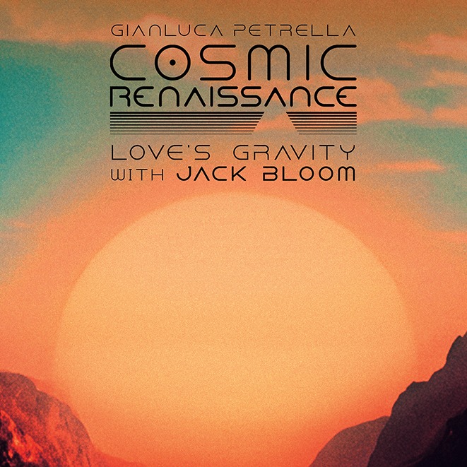 Cover of Cosmic Renaissance's “Love's Gravity”: a huge sun setting between two mountains, with the sky graded from orange to blue and the title in geometric lettering