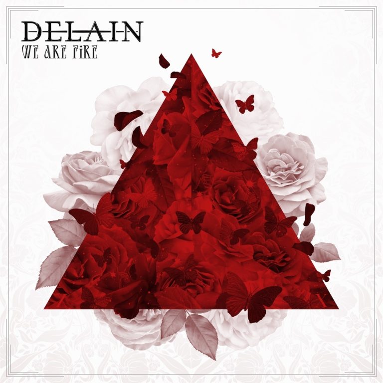 Portada de «We Are Fire», el senzill que Delain van publicar el 20 d'octubre del 2026: un triangle de roses i papallones vermelles sobre roses blanques
