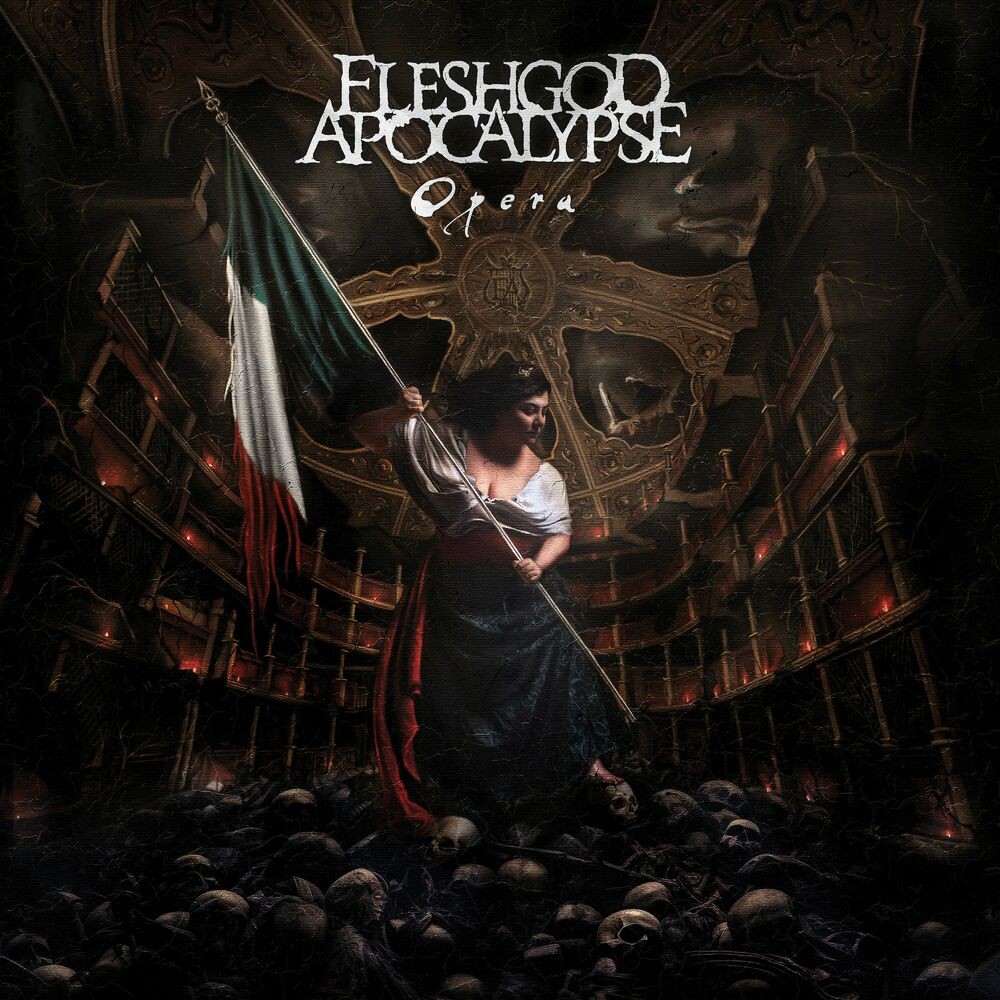 Portada d'«Opera», de Fleshgod Apocalypse: una dona amb una bandera italiana dreta sobre una pila de cranis, dins d'un teatre d'òpera en runes