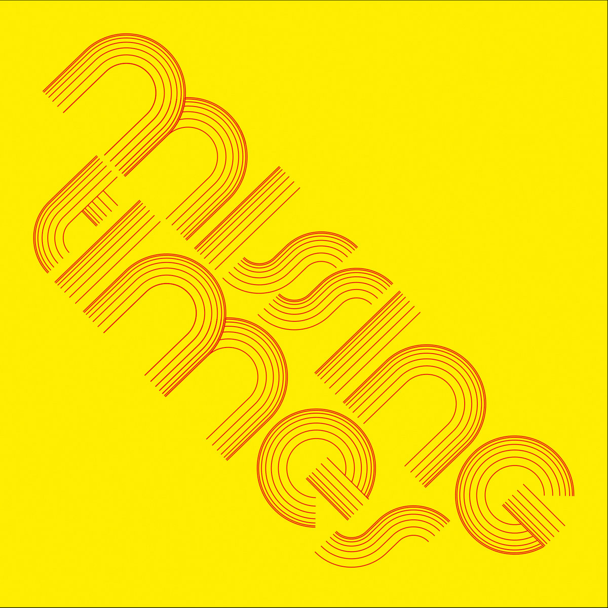 Portada de «Missing Times», de Ghost Rhythms: el títol escrit en diagonal amb lletres fetes de línies paral·leles taronges sobre un fons groc