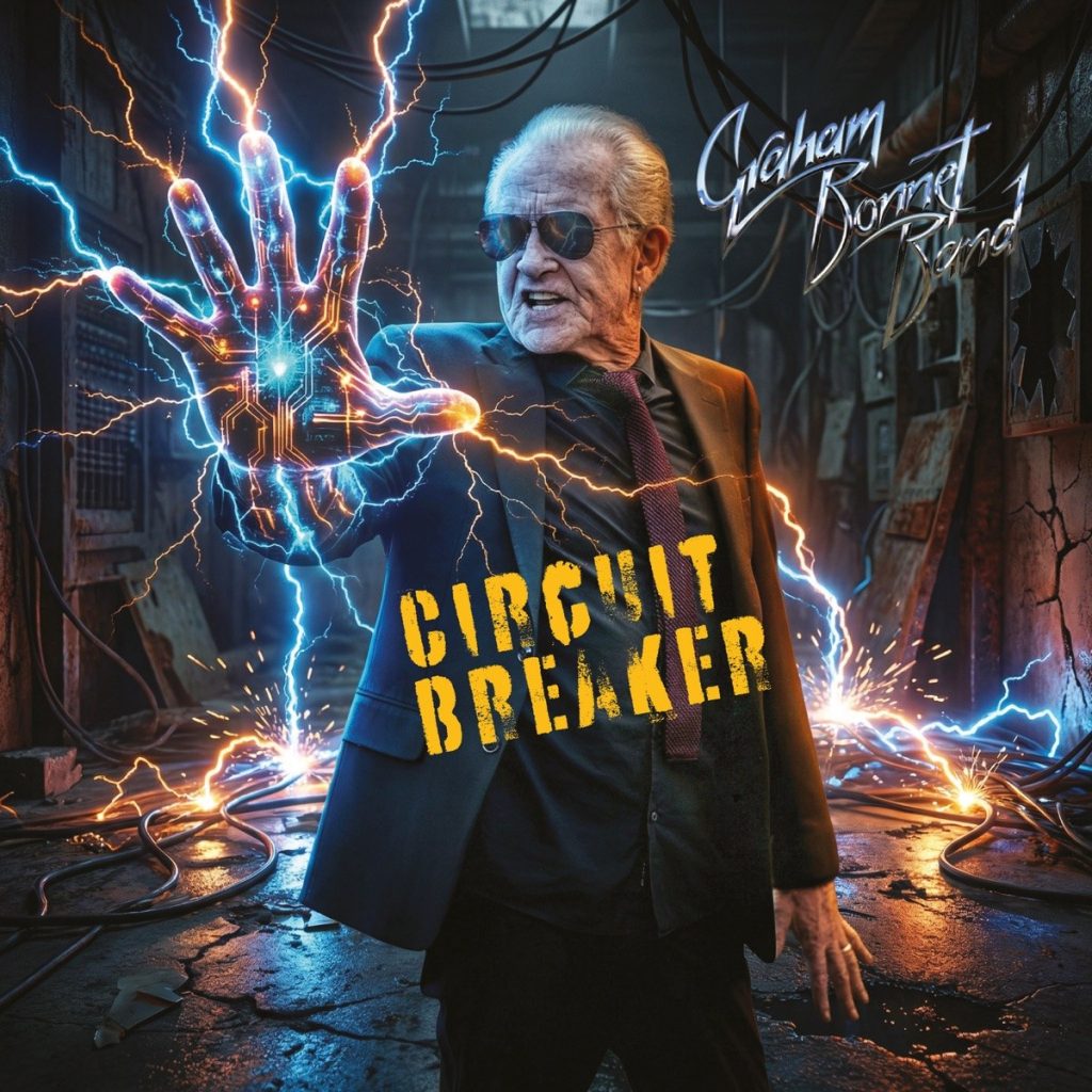 Portada de «Circuit Breaker», de la Graham Bonnet Band: Bonnet, amb americana i ulleres de sol, alça una mà de circuits de la qual surten llamps blaus i taronges dins d'una nau industrial
