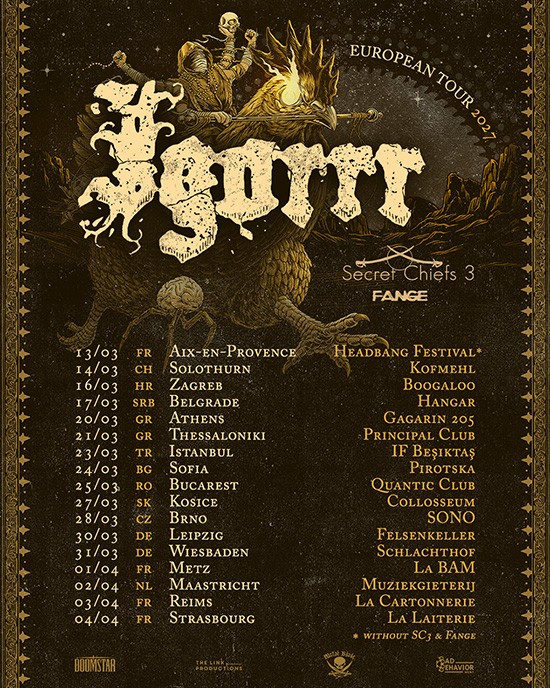 Cartell de la gira europea d'Igorrr del 2027, amb Secret Chiefs 3 i Fange i la llista de disset dates