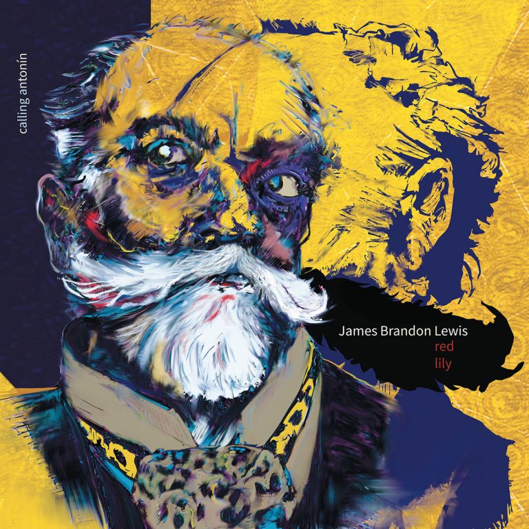 Portada de «Calling Antonín», de James Brandon Lewis i Red Lily: retrat pintat d'Antonín Dvořák, amb la barba blanca, sobre un fons groc i blau