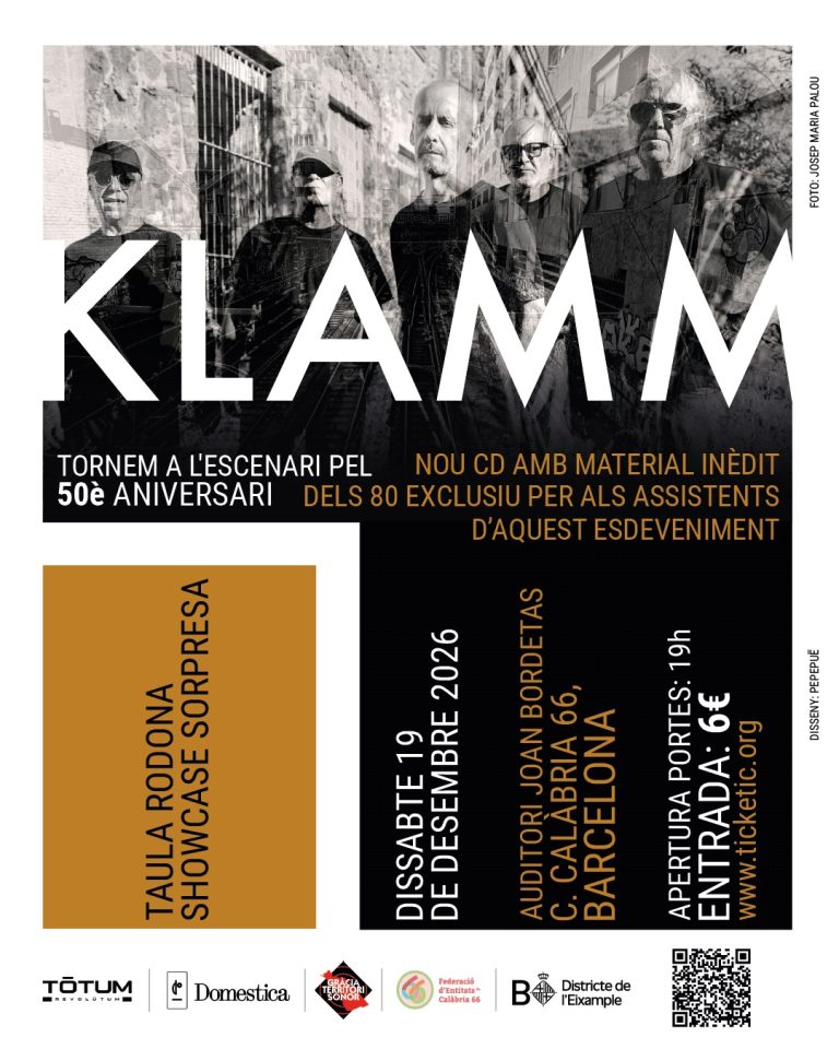 Cartell del concert del 50è aniversari de Klamm, el 19 de desembre del 2026 a l'Auditori Joan Bordetas, amb la foto de la banda en blanc i negre