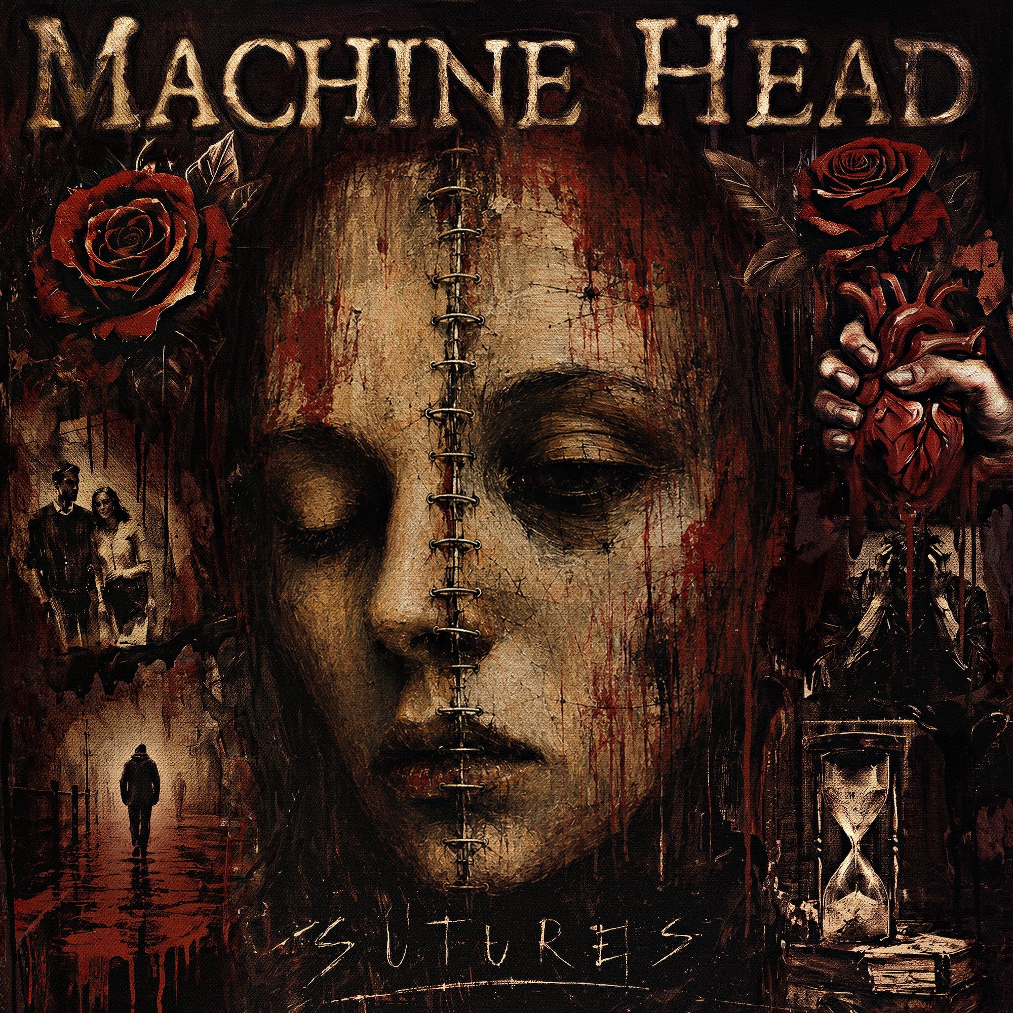 Portada de «Sutures», el tema que Machine Head van publicar el 20 d'octubre del 2026: un rostre pintat i cosit amb grapes, amb roses i un rellotge de sorra