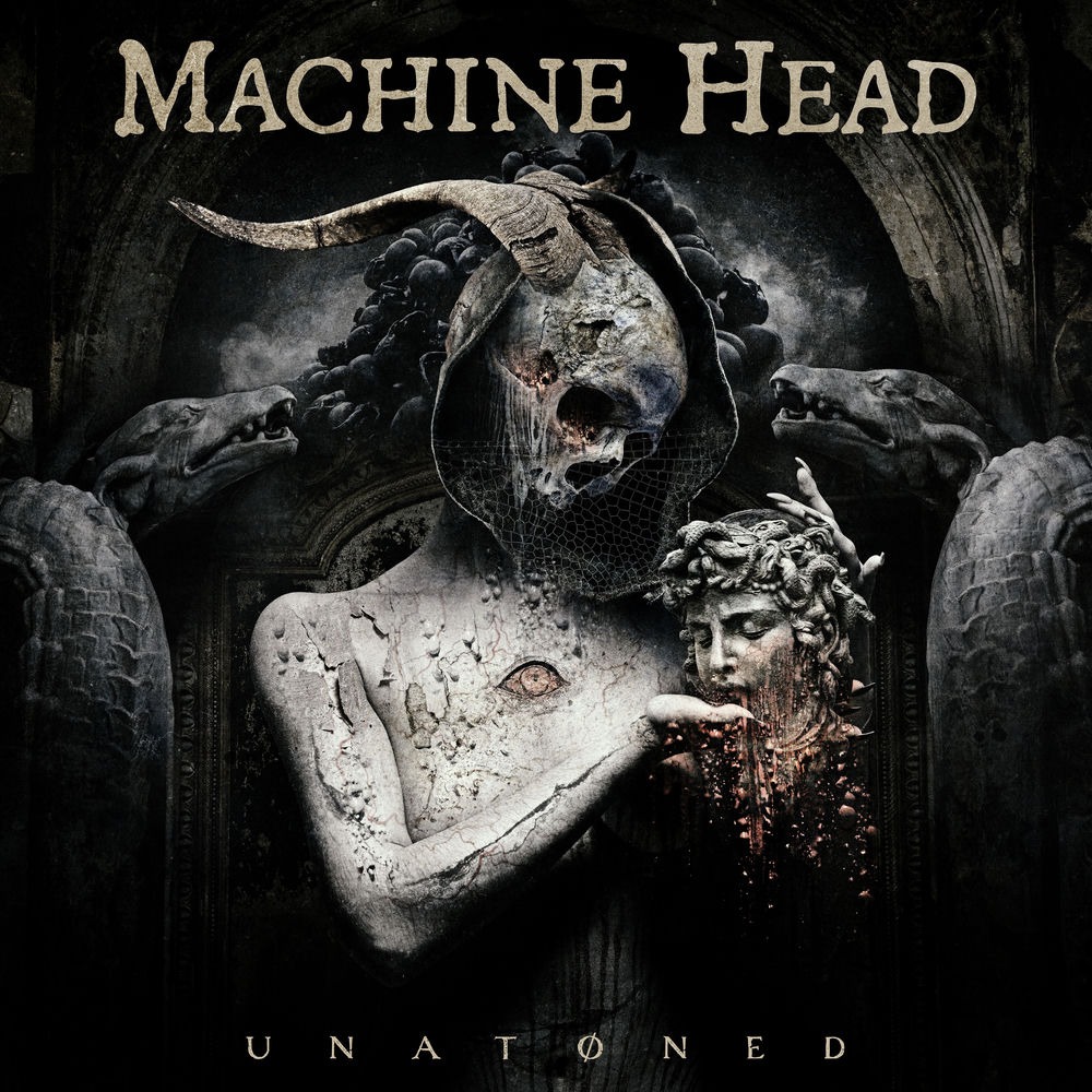 Portada d'«UNATØNED», de Machine Head: una estàtua de pedra escrostonada i sense rostre, amb un crani amb banyes al cap, sosté un cap de medusa que raja sang