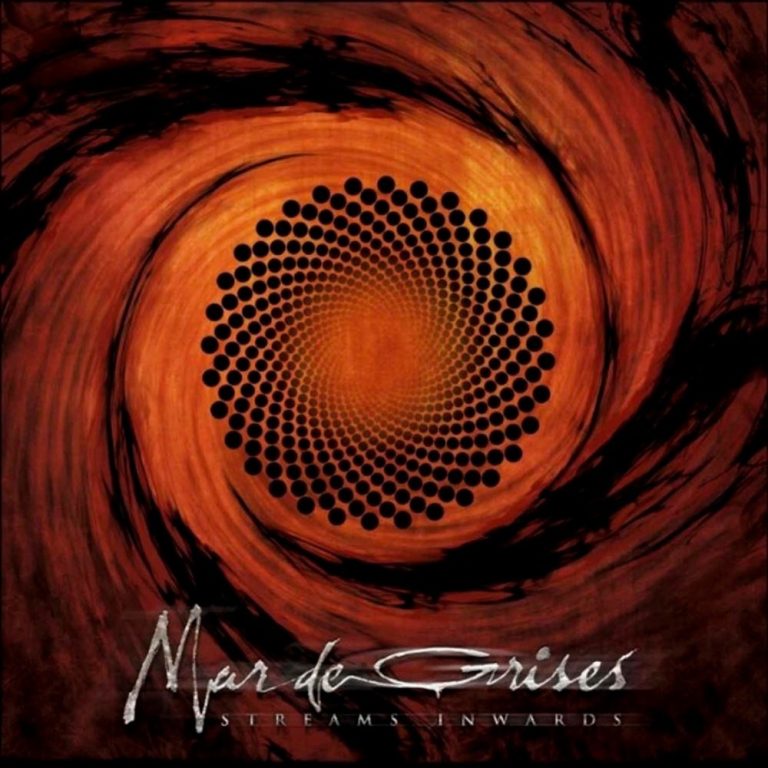 Portada de «Streams Inwards», de Mar de Grises: una espiral de punts negres sobre un remolí taronja i vermell, amb el nom del grup escrit a mà a sota
