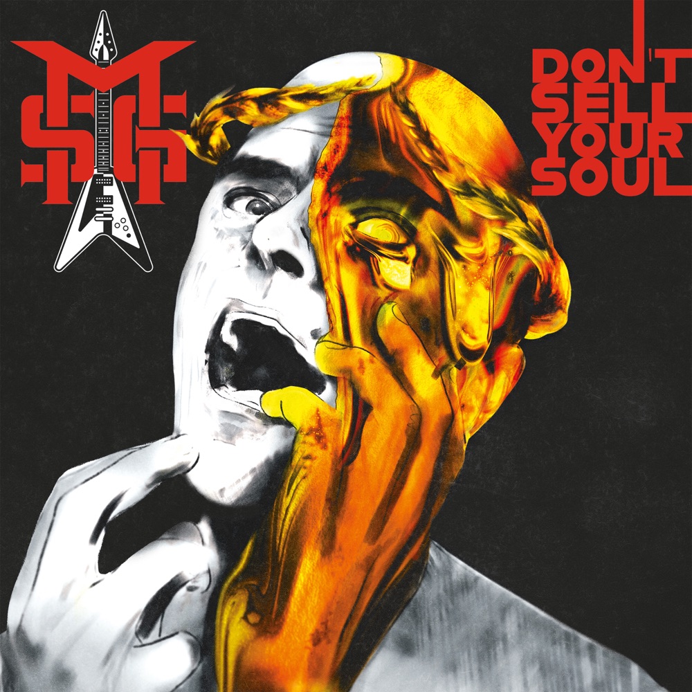 Portada de «Don't Sell Your Soul», del Michael Schenker Group: un home que crida amb la meitat de la cara en blanc i negre i l'altra meitat fosa en groc i taronja, amb el logotip vermell de MSG i una guitarra Flying V