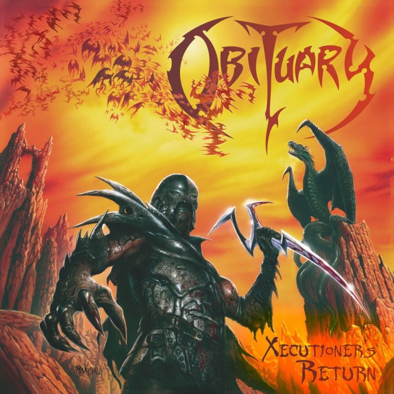 Portada de «Xecutioner's Return», d'Obituary: un guerrer amb armadura i urpes alça una fulla corbada en un paisatge de roques vermelles, amb un drac alat al costat i un cel groc