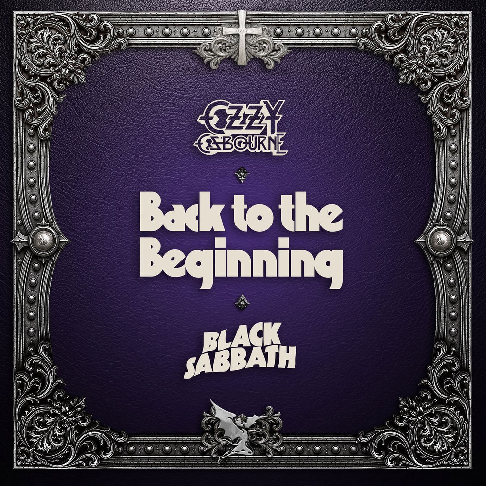 Portada de «Mr. Crowley (Live From Back To The Beginning)», d'Ozzy Osbourne: els logotips d'Osbourne i de Black Sabbath dins d'un marc de plata sobre fons porpra