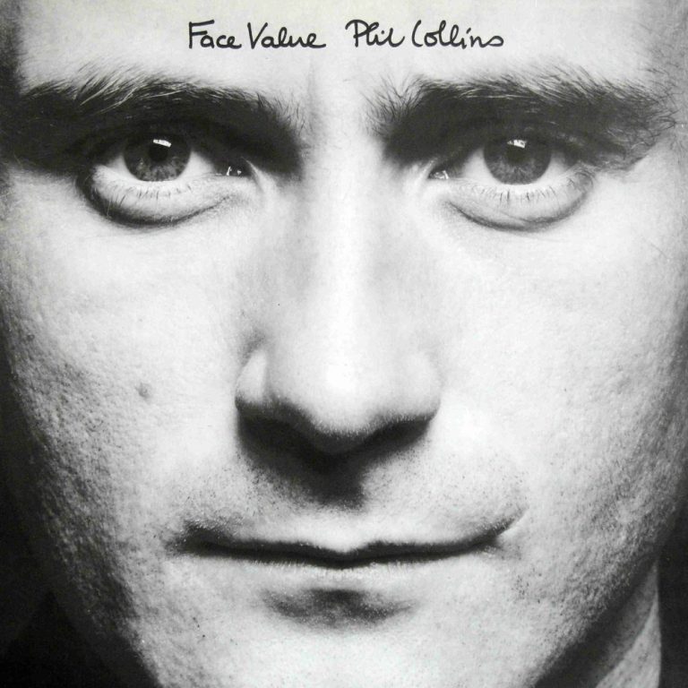 Portada de «Face Value», de Phil Collins: un primer pla en blanc i negre de la cara del músic, amb el títol i el nom escrits a mà a dalt