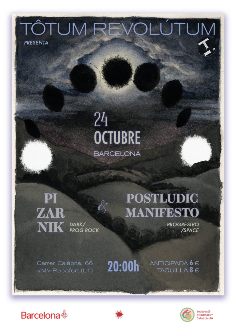 Cartell del concert de Pizarnik i Postludic Manifesto del 24 d'octubre del 2026 a Calàbria 66: una il·lustració nocturna de turons sota una successió d'eclipsis