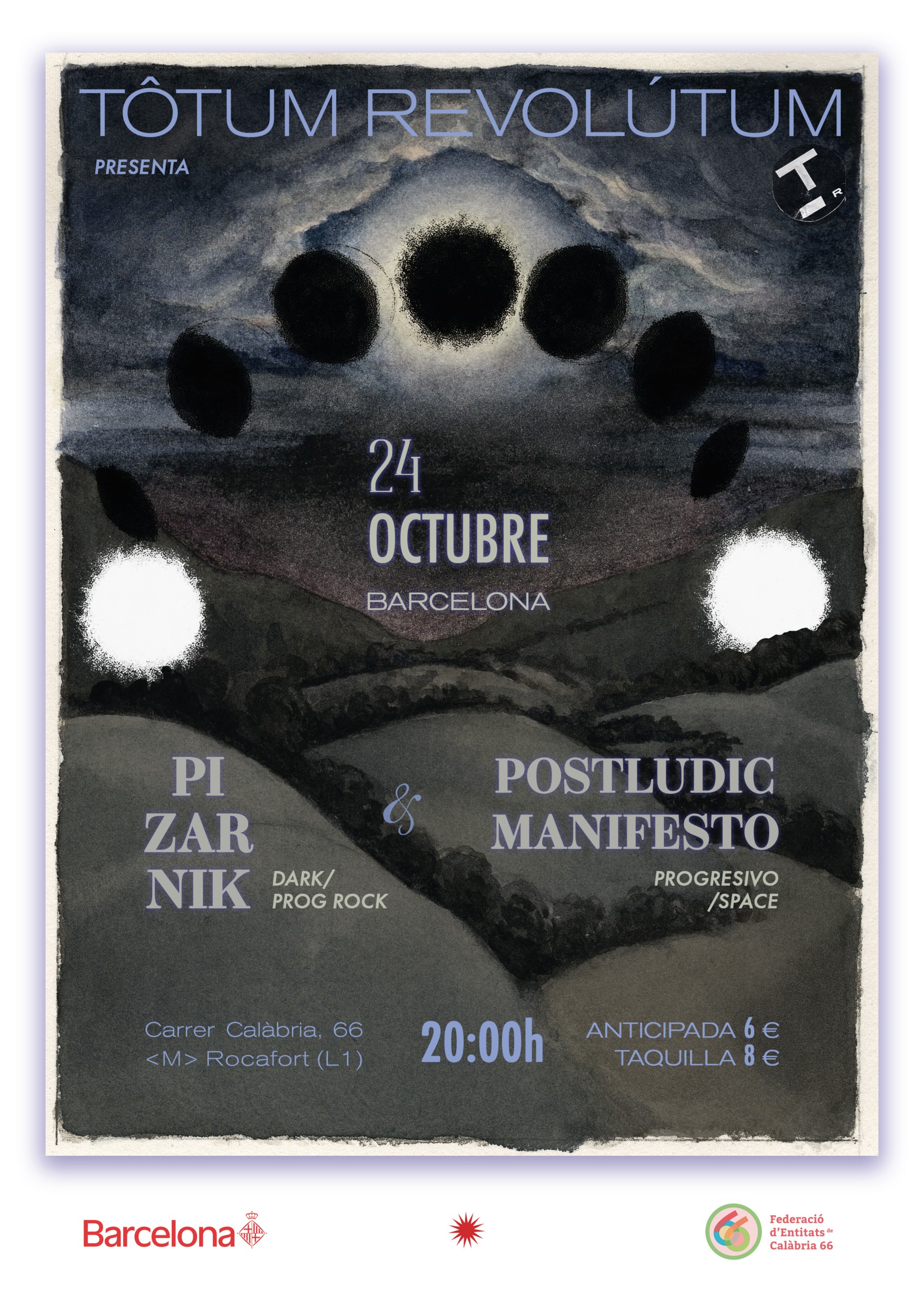 Cartell del concert de Pizarnik i Postludic Manifesto del 24 d'octubre del 2026 a Calàbria 66: una il·lustració nocturna de turons sota una successió d'eclipsis