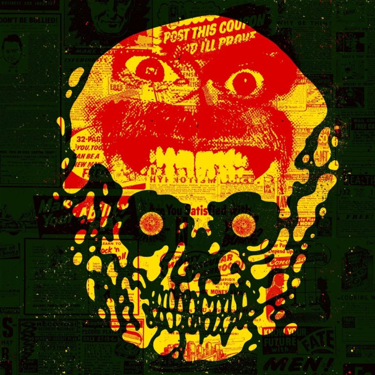 Portada de «Dopamine Hits», de Pulled Apart By Horses: una calavera vermella i groga sobre un collage de retalls de diari antic