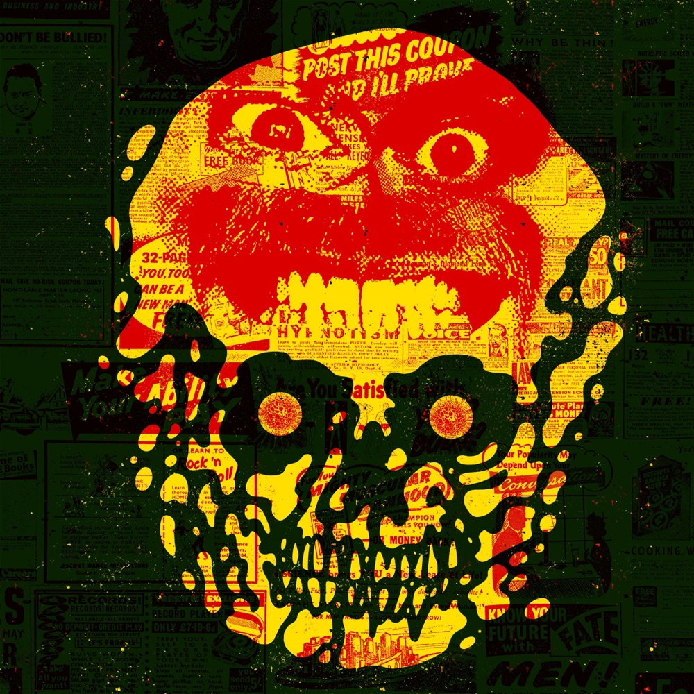 Portada de «Dopamine Hits», de Pulled Apart By Horses: una calavera vermella i groga sobre un collage de retalls de diari antic