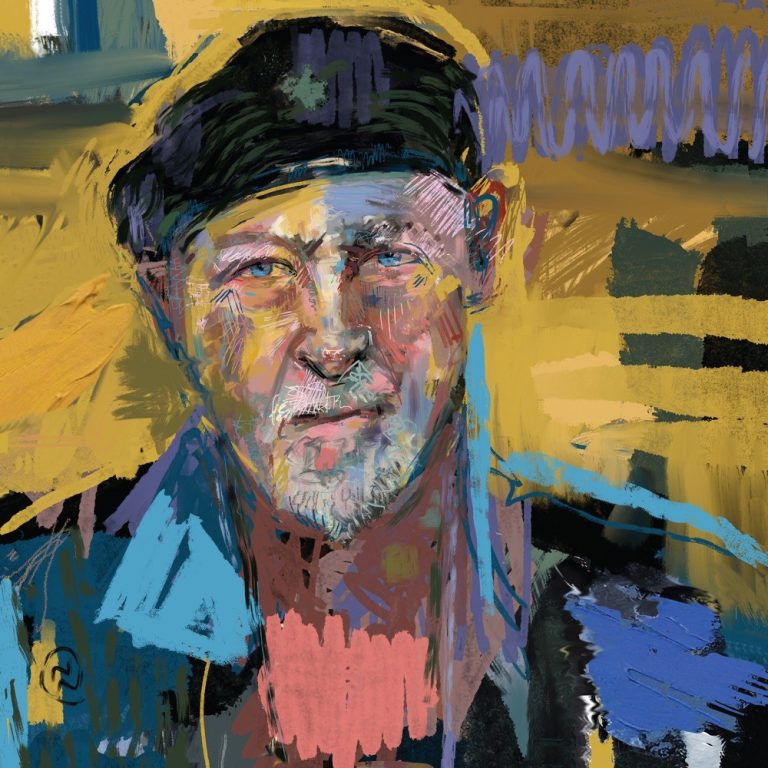 Portada d'«Hippies, Thugs and Heroes», de Richard Thompson: un retrat pintat a pinzellades grogues, blaves i roses d'un home amb boina negra