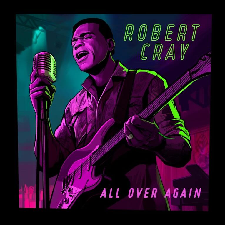 Portada d'«All Over Again», de Robert Cray: una il·lustració del guitarrista cantant davant d'un micròfon de cinta, en malves i verds fluorescents