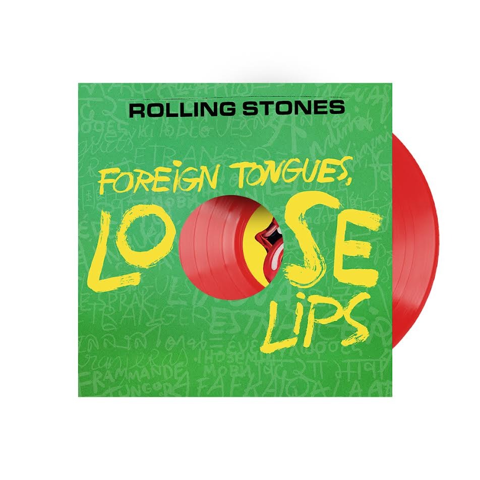 Portada de «Foreign Tongues, Loose Lips», dels Rolling Stones, verda i amb el títol groc, amb el vinil vermell sortint de la funda