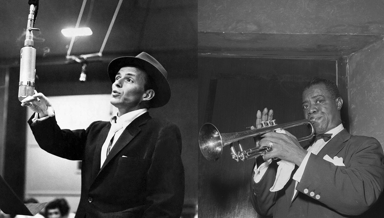 Frank Sinatra davant d'un micròfon d'estudi i Louis Armstrong amb la trompeta, en la imatge que el Festival Jazz Barcelona fa servir per al concert «Frank & Louis»