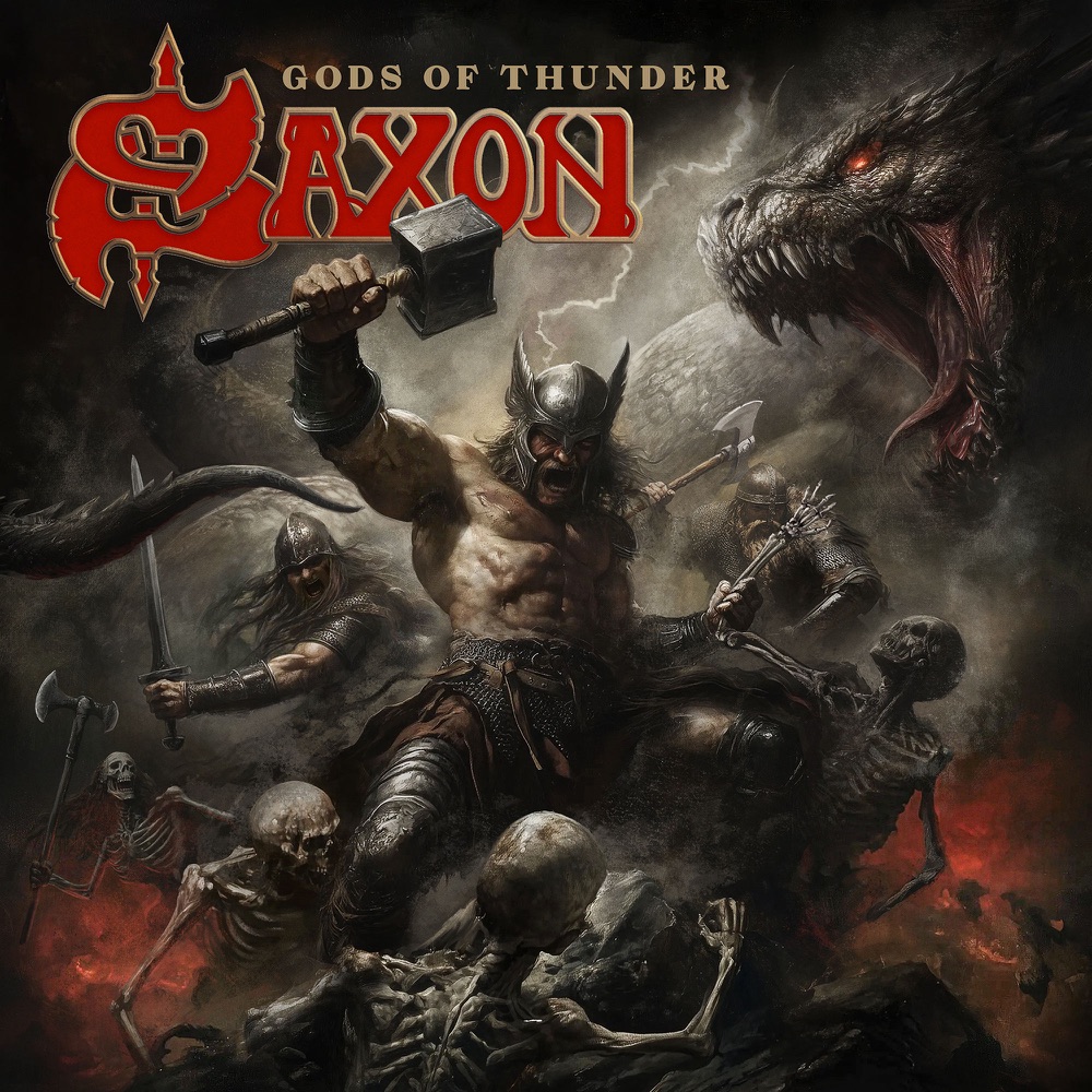 Portada de «Gods of Thunder», de Saxon: un guerrer amb casc alça un martell enmig d'esquelets i un drac que obre la boca, amb el logotip vermell del grup