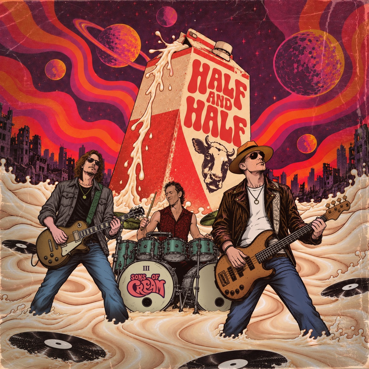 Portada de «Half and Half», de Sons of Cream: un cartró de llet gegant vessa sobre un trio de guitarra, baix i bateria, amb planetes i una ciutat en ruïnes al fons