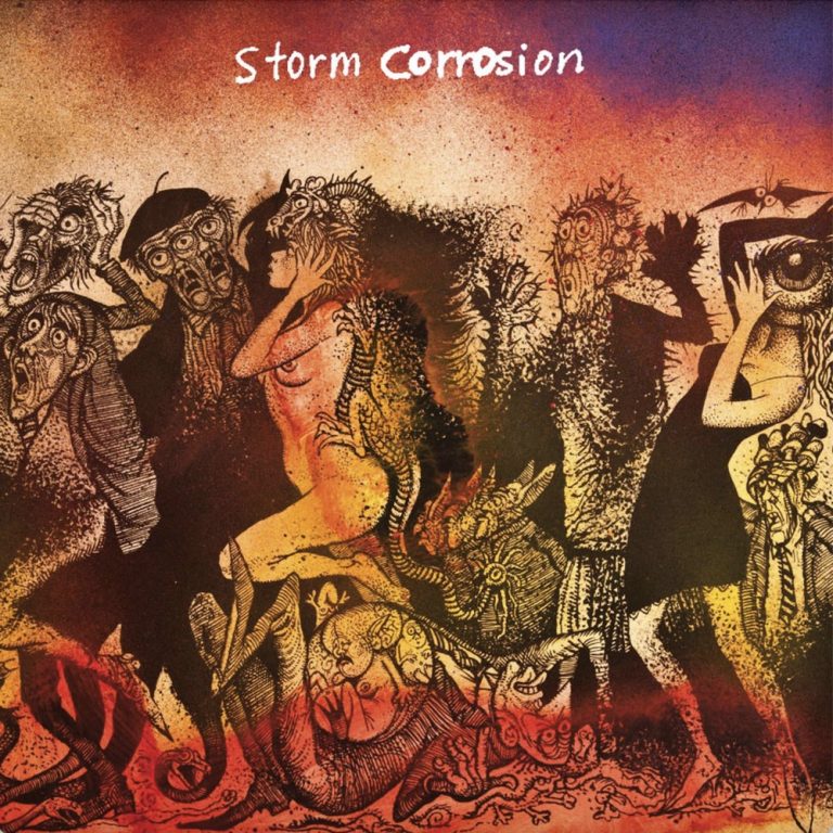 Portada del primer disc de Storm Corrosion, del 2012: una multitud de figures grotesques i retorçades, dibuixades a tinta sobre un fons de taques vermelles, taronges i liles, amb el nom del grup en lletra blanca a dalt