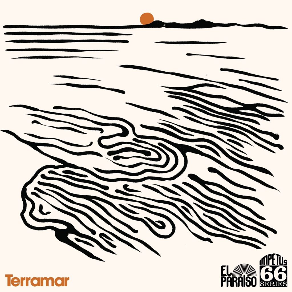 Portada de «Terramar»: un dibuix en blanc i negre d'un onatge espès amb un sol taronja a l'horitzó, amb els segells d'El Paraiso i de la sèrie Impetus 66