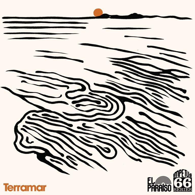 Portada de «Terramar»: un dibuix en blanc i negre d'un onatge espès amb un sol taronja a l'horitzó, amb els segells d'El Paraiso i de la sèrie Impetus 66