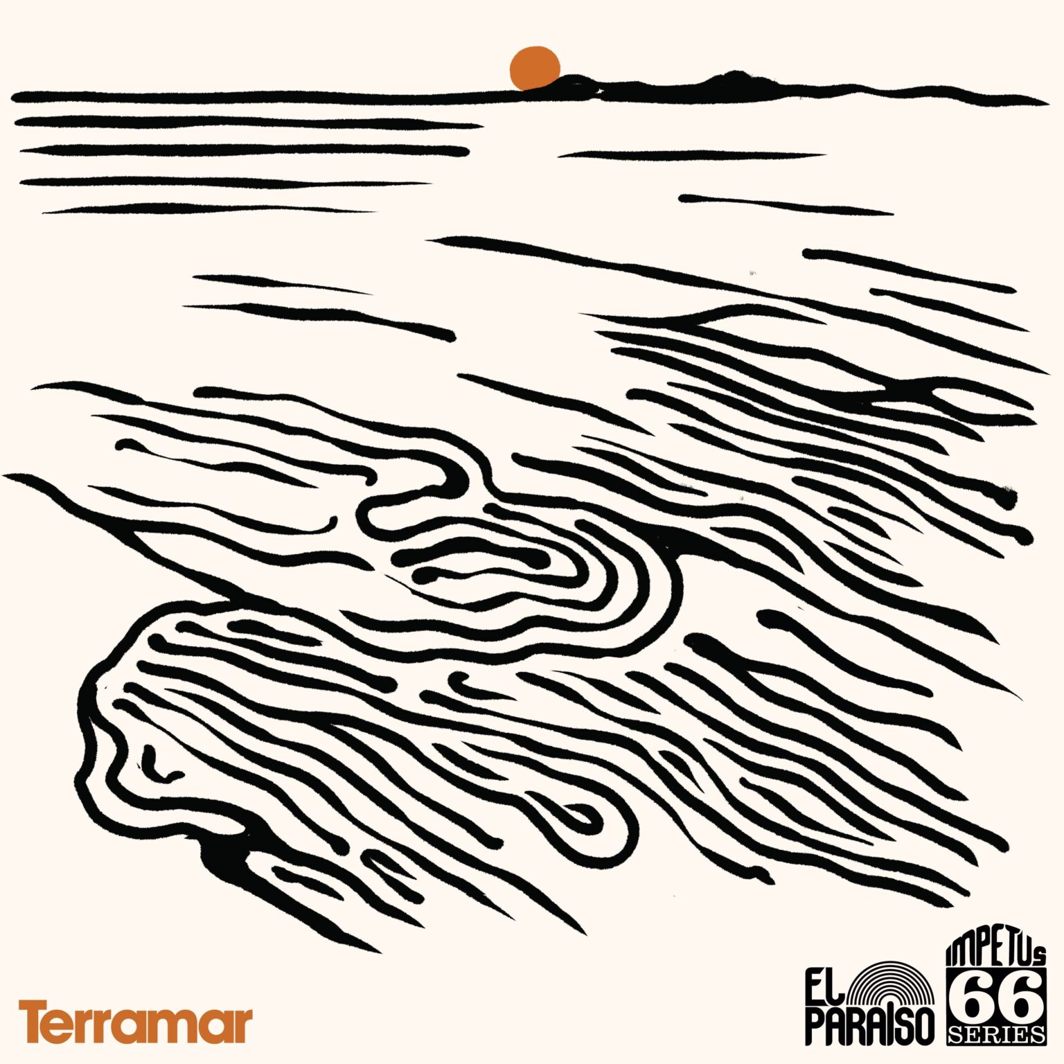 Portada de «Terramar»: un dibuix en blanc i negre d'un onatge espès amb un sol taronja a l'horitzó, amb els segells d'El Paraiso i de la sèrie Impetus 66