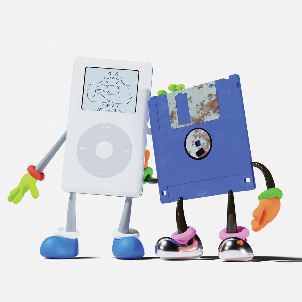 Portada de «No Bad Memories», de The Avalanches: un iPod blanc i un disquet blau rovellat, tots dos amb braços, mans de colors i sabates, drets sobre un fons blanc