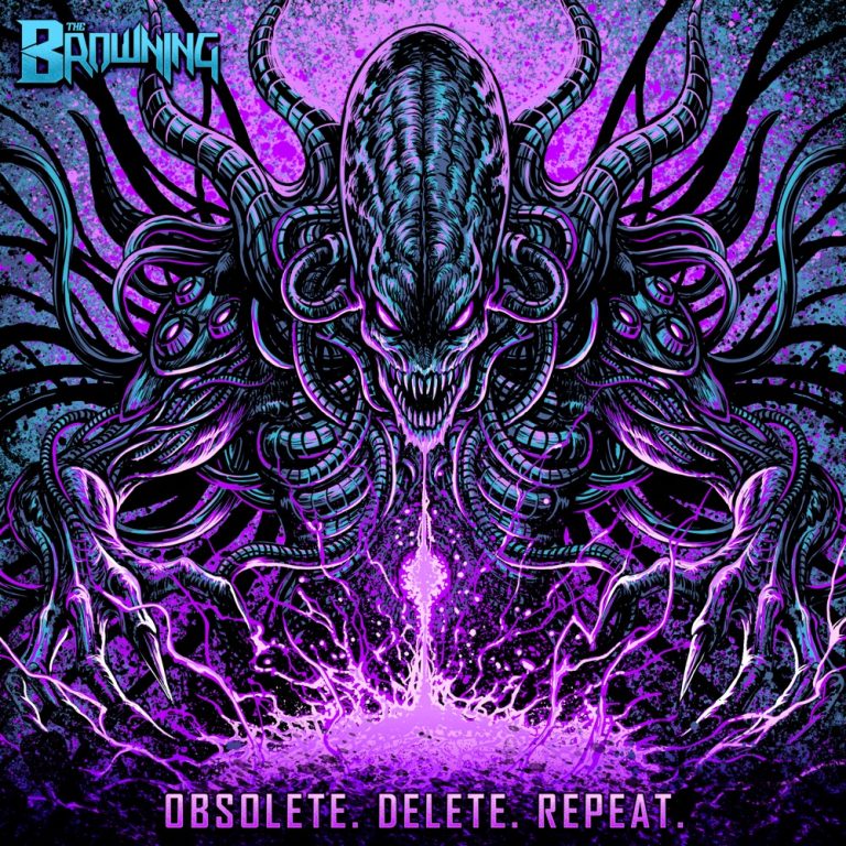 Portada d'«OBSOLETE. Delete. Repeat.», el senzill que The Browning van publicar l'agost del 2026: una bèstia banyuda de tentacles, en violeta i turquesa