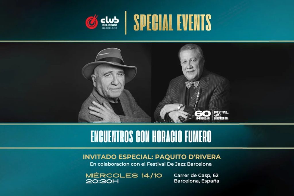 Horacio Fumero amb barret i Paquito D'Rivera amb el clarinet, al cartell del Club del Disco per a la trobada del 14 d'octubre