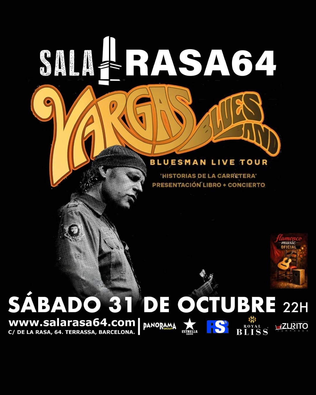 Javier Vargas amb mocador de cap i guitarra, al cartell que la Sala Rasa 64 de Terrassa fa servir per al concert del 31 d'octubre del 2026